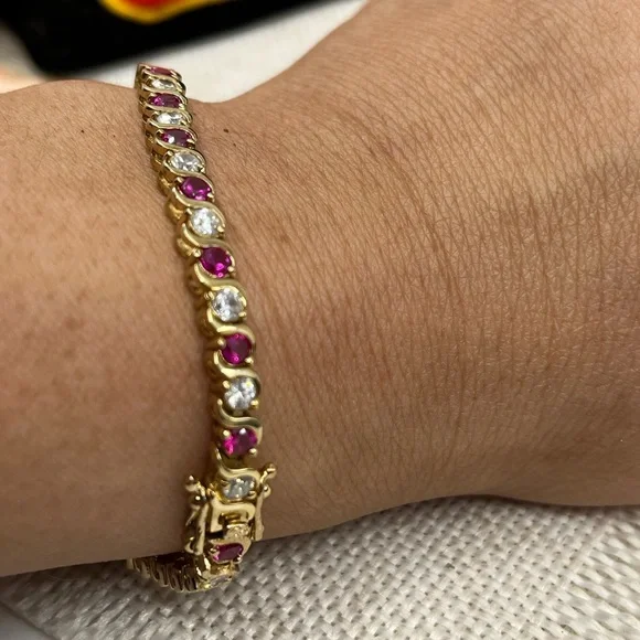 Vintage Gold Over 925 Sterling Silver Ruby & CZ Tennis Bracelet - Picture 4 of 16